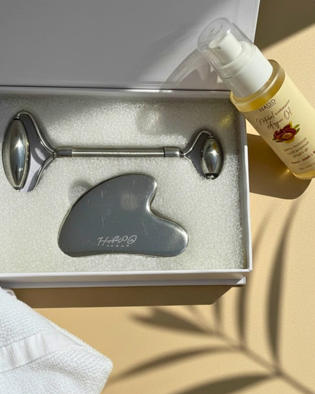 Moroccan Argan Glow Ritual Set | Stainless Steel Gua Sha & Face Roller