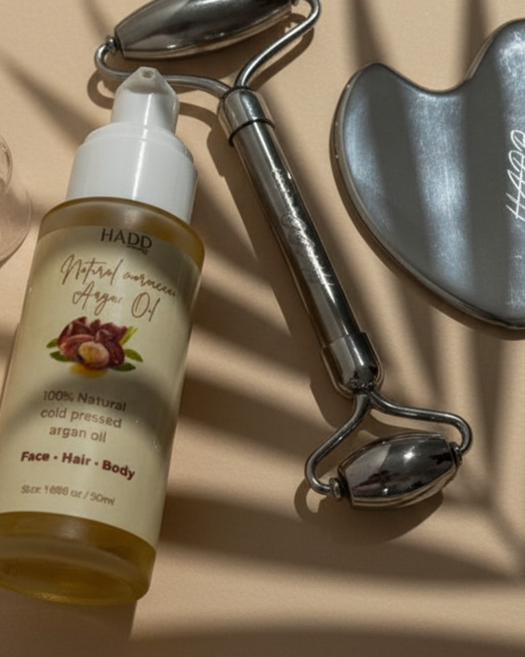 Moroccan Argan Glow Ritual Set | Stainless Steel Gua Sha & Face Roller