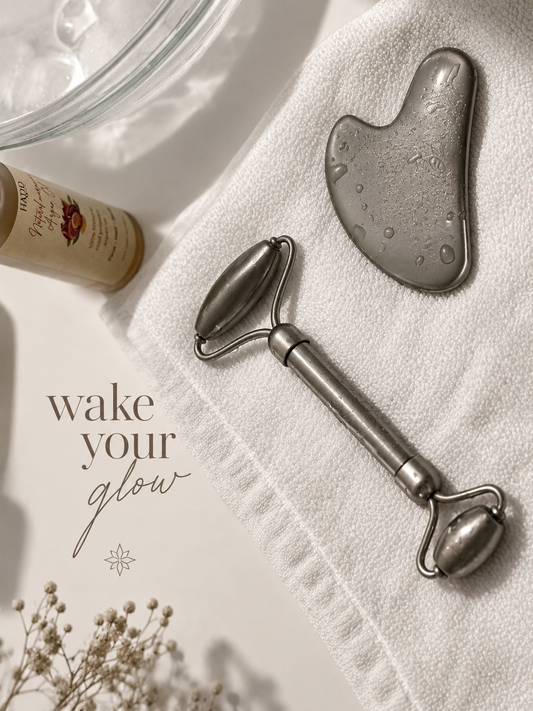 Moroccan Argan Glow Ritual Set | Stainless Steel Gua Sha & Face Roller