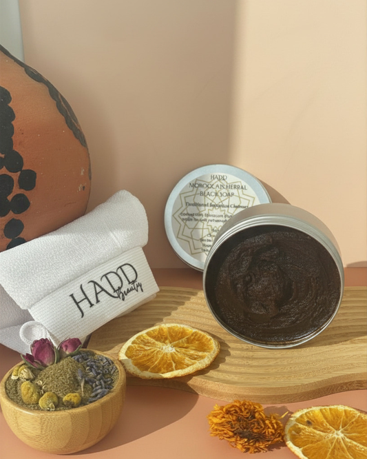 Moroccan Traditional Hammam Ritual – Herbal Black Soap Paste + Exfoliating Kessa Glove Set